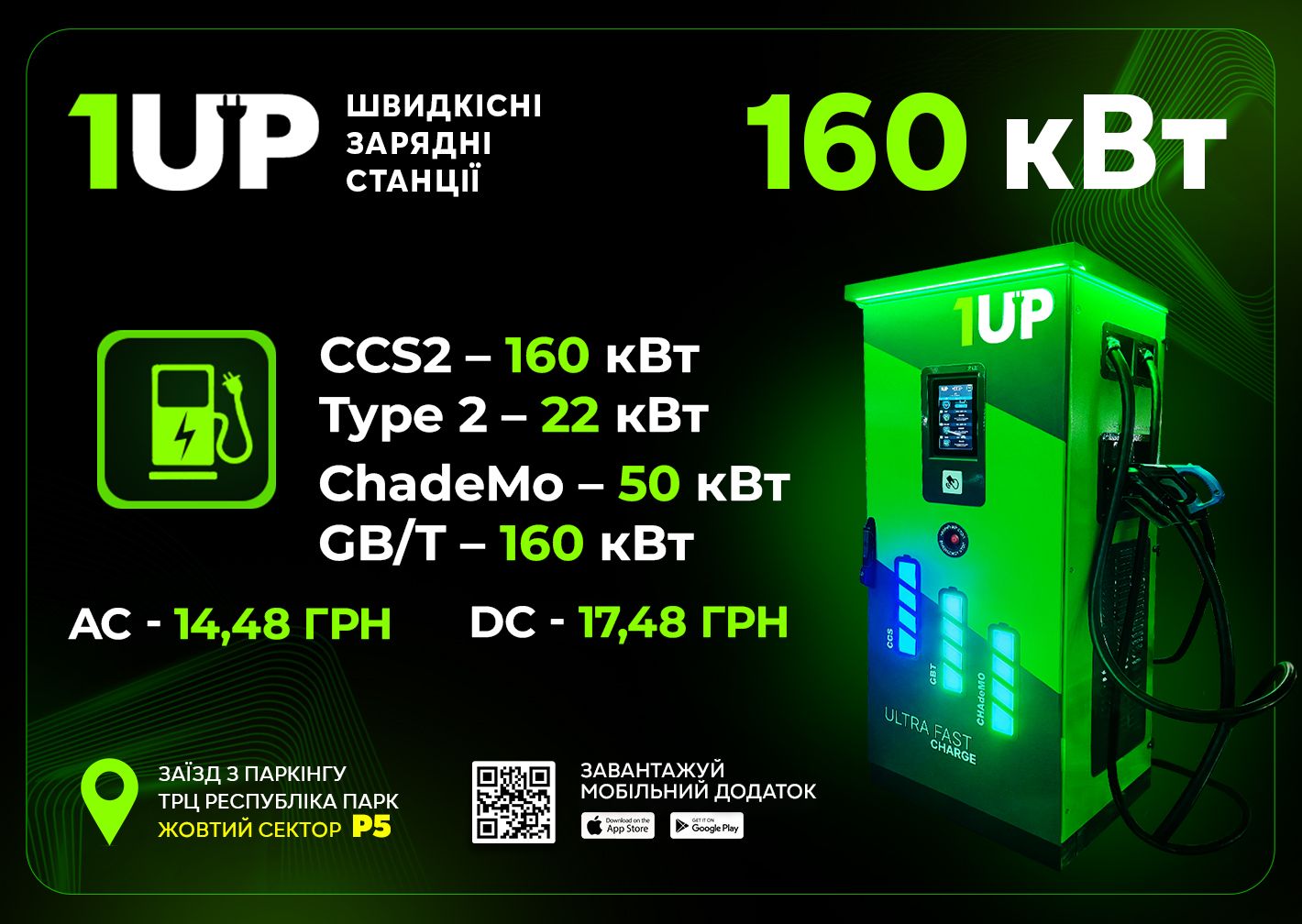 Нова швидкісна зарядна станція 1UP на 160 кВт працює для Вас на паркінгу ТРЦ Respublika Park! Thumbnail